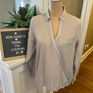 J. Jill Women’s Blouse Size Small Striped Cotton Elastic Bottom Faux Wrap Tan